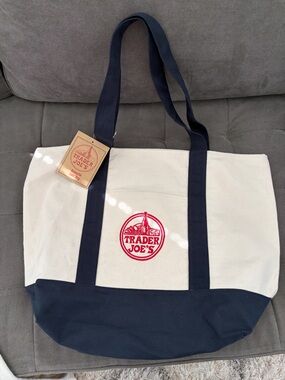 Trader Joe's Cream and Navy Canvas Tote